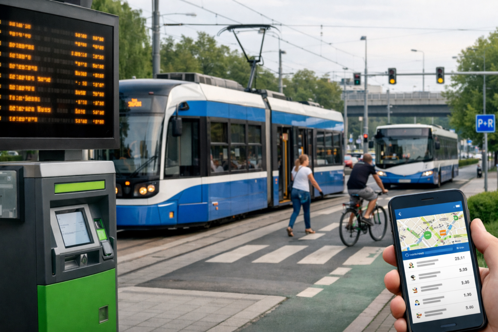 Realistyczna okładka: tramwaj w Krakowie i tablica przystanku na tle miejskiej ulicy, bez napisów