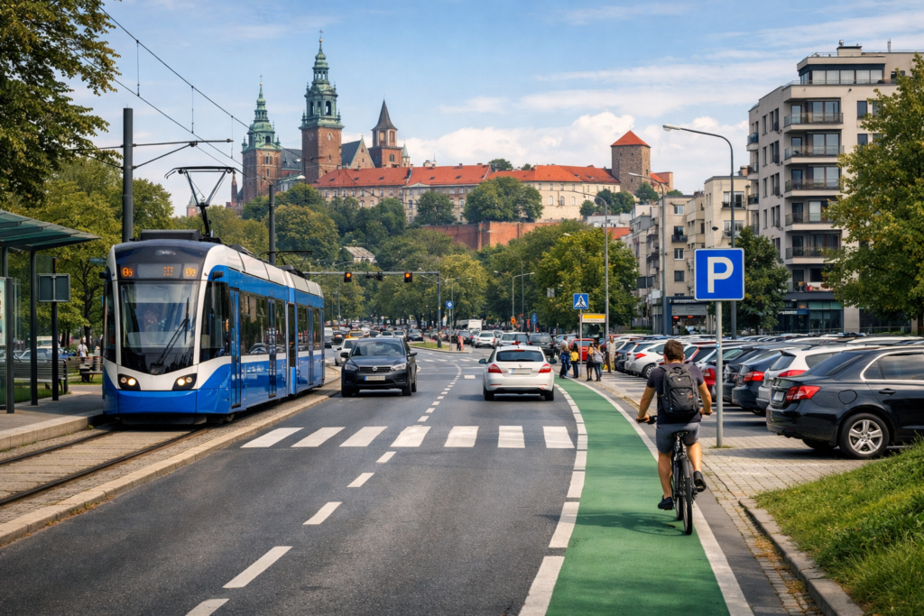 Okładka: tramwaj i węzeł przesiadkowy w Krakowie, ujęcie na potrzeby mobilności po dzielnicach