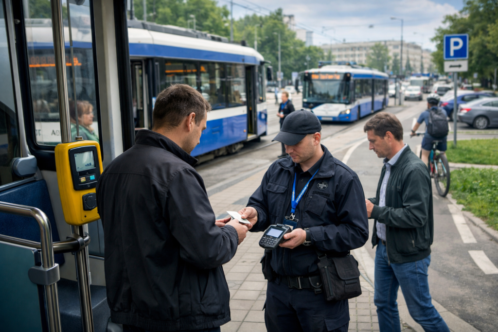 Zdjęcie: kontrola biletów KMK w Krakowie — kontroler w pojeździe
