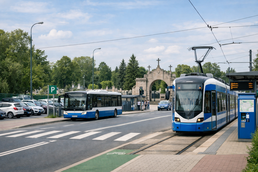 Zdjęcie: tramwaj i przystanek w Krakowie przy dojeździe na Cmentarz Batowice