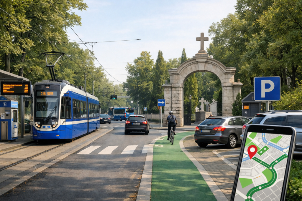 Okładka: tramwaj i autobus w Krakowie na tle przystanku przed dojazdem na cmentarz