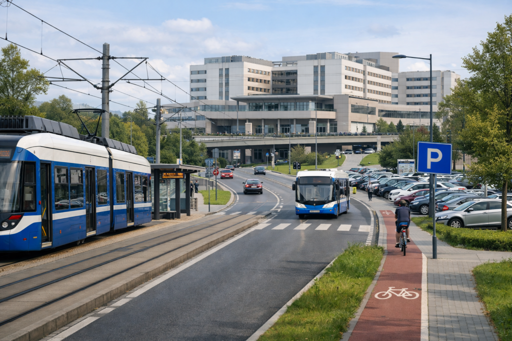 Zdjęcie przedstawiające okolice przystanku przy ul. Jakubowskiego w Krakowie (bez napisów)