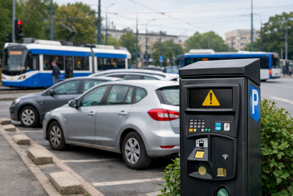 Niedziałający parkomat w Krakowie — kierowca sprawdza strefę OPP i sposób płatności