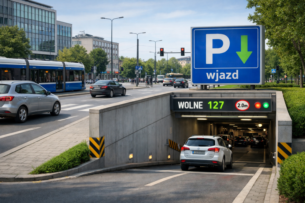 Zdjęcie: wejście do parkingu podziemnego w Krakowie (widok uliczny)