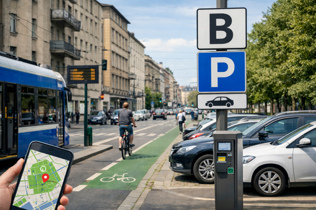 KrakówMobilny.pl — widok ulicy i oznaczeń stref parkowania przy jezdni w podstrefie B