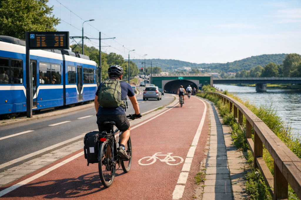 Alt do okładki: rowerzysta na trasie nad Wisłą w Krakowie, widok z boku