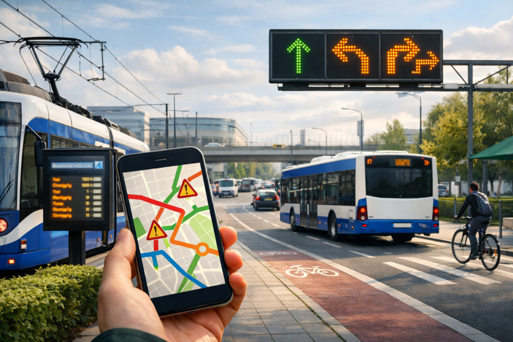 Okładka: tramwaj i autobus w Krakowie oraz ikony odjazdów i komunikatów o zmianach tras