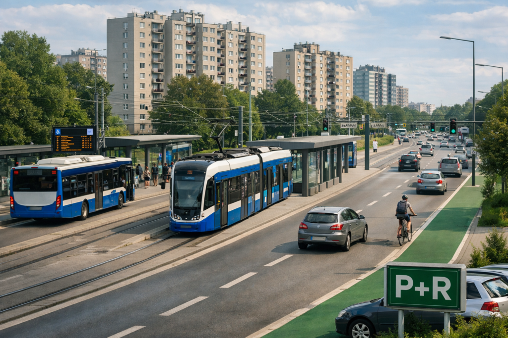 Widok tramwaju i autobusu w tle miasta — dojazd do centrum z Azorów