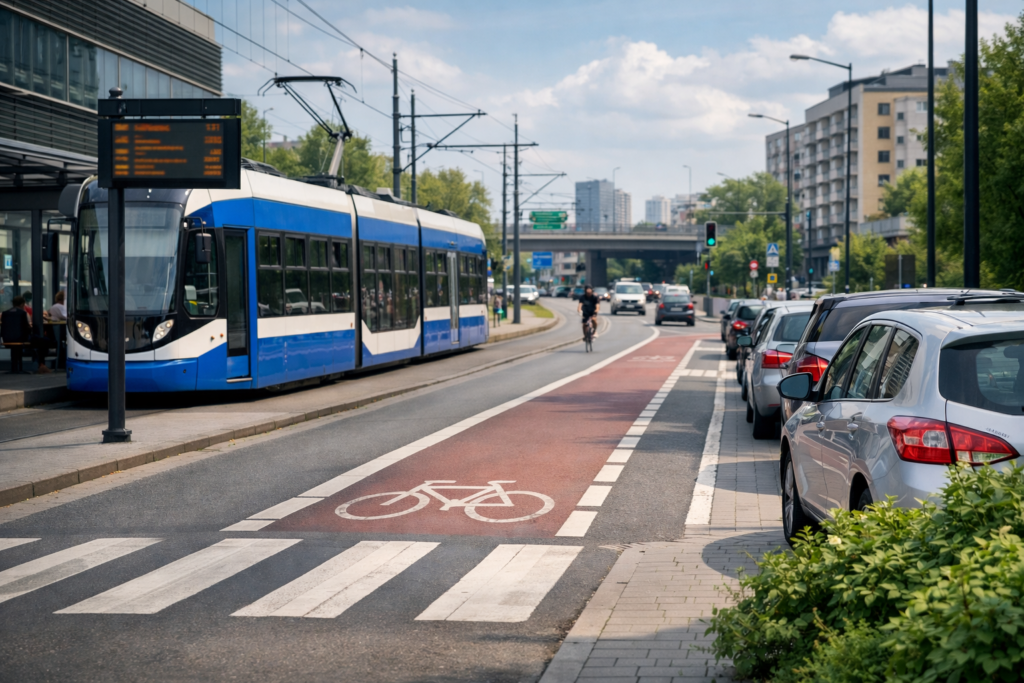 Alt do okładki: tramwaj i miasto Kraków przy planowaniu dojazdu do dzielnicy