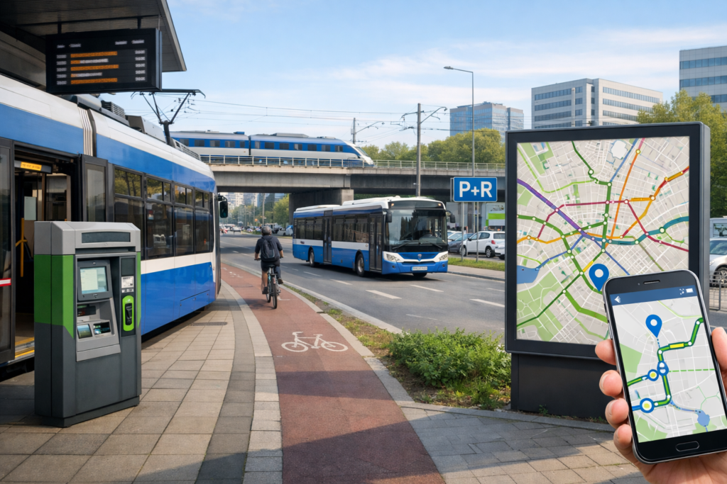 Okładka wpisu pokazująca węzeł przesiadkowy w Krakowie z tramwajem i informacją o liniach