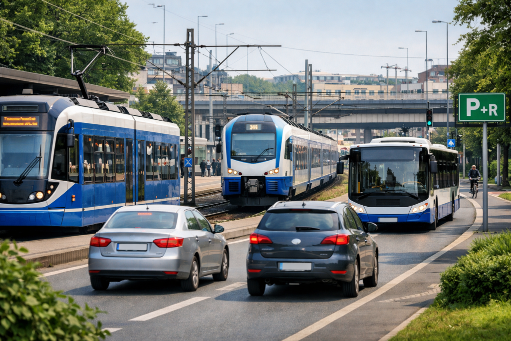 Okładka: trzy środki transportu na trasie Kraków–Wieliczka (pociąg, autobus, samochód) i wskazówka do wyboru