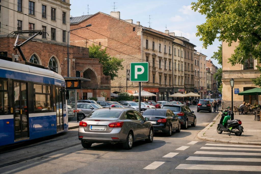 Zdjęcie: uliczne parkowanie na Kazimierzu w Krakowie i oznakowanie strefy postoju