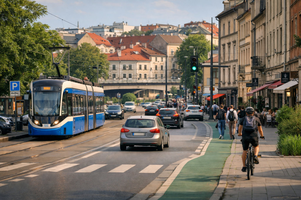 Tramwaj na tle krakowskich ulic prowadzący do Kazimierza – okładka poradnika