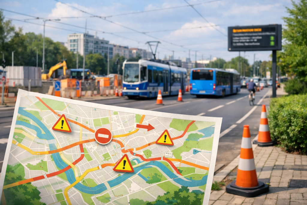 Okładka: kierowca przed wjazdem na miejskie ulice Krakowa i szybkie sprawdzanie utrudnień w mapach