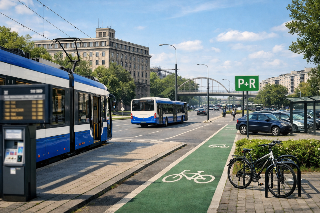 Tramwaj i przystanek w Krakowie jako przykład dojazdu komunikacją miejską w Nowej Hucie