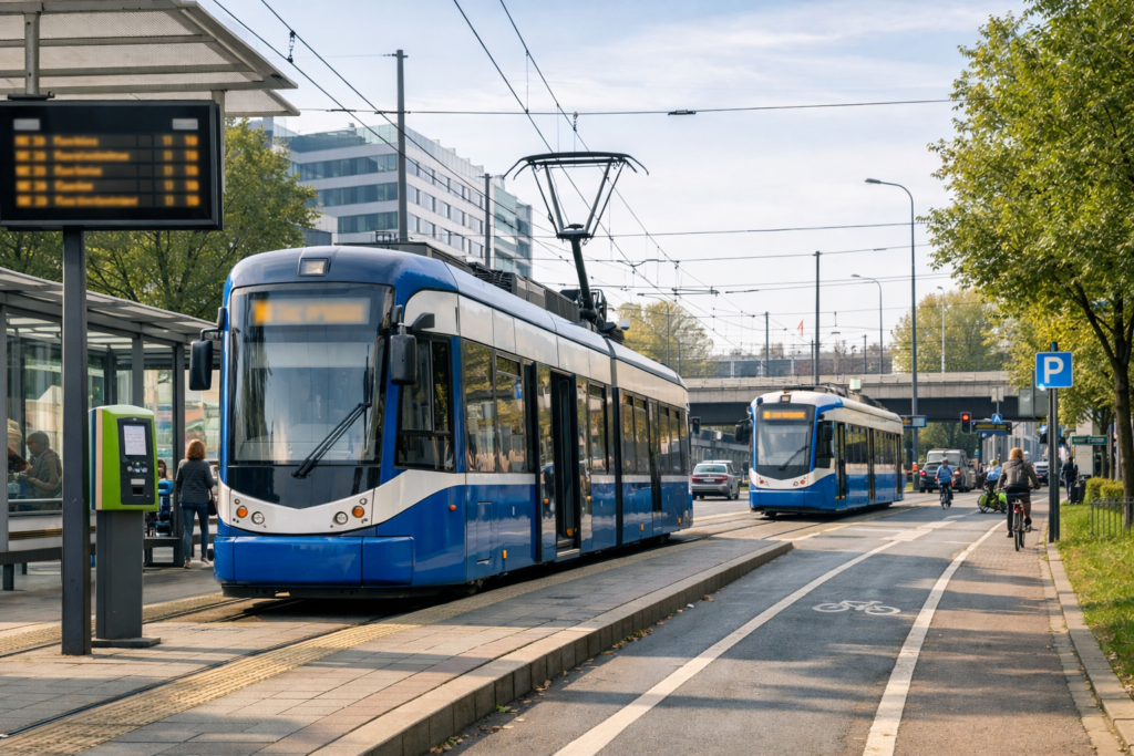 Nowoczesny tramwaj w Krakowie na przystanku – ilustracja do przewodnika jak korzystać z KMK