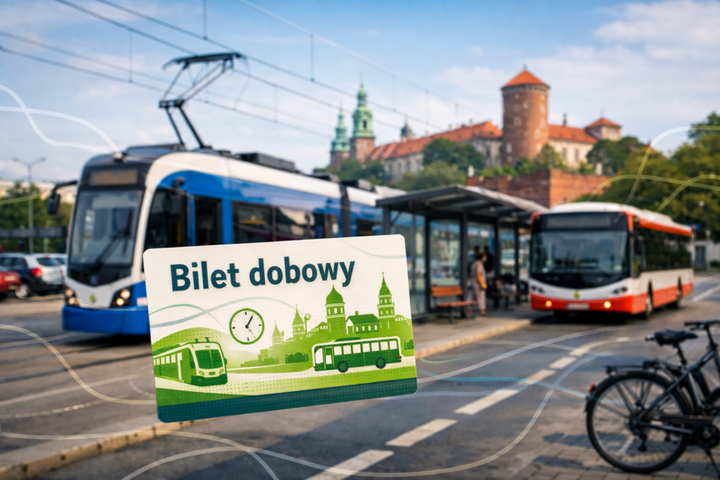 Tramwaj i autobus miejski w Krakowie na tle ulicy