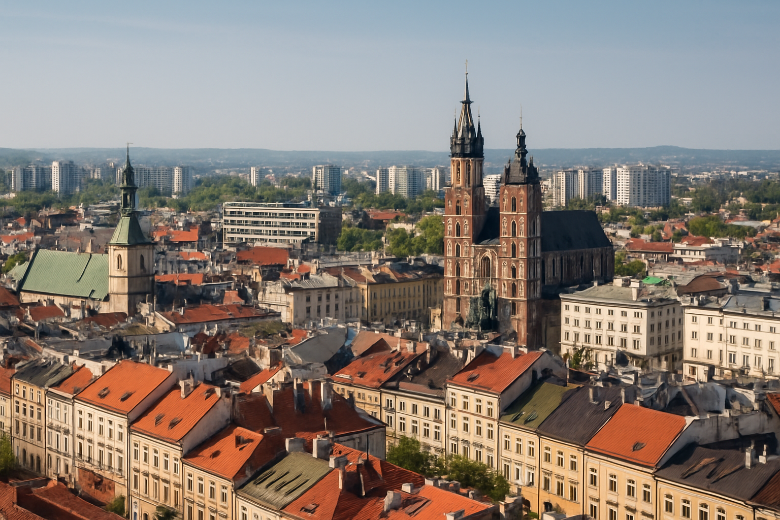 Panorama zabudowy różnych dzielnic Krakowa
