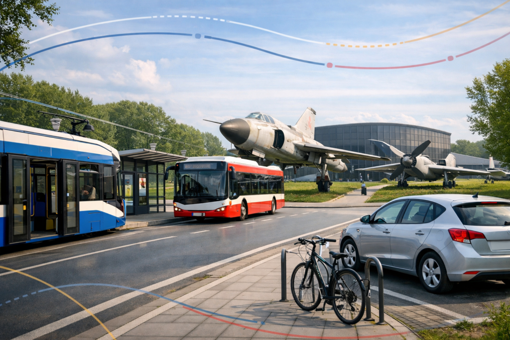 Tramwaj i autobus przy Muzeum Lotnictwa Polskiego w Krakowie