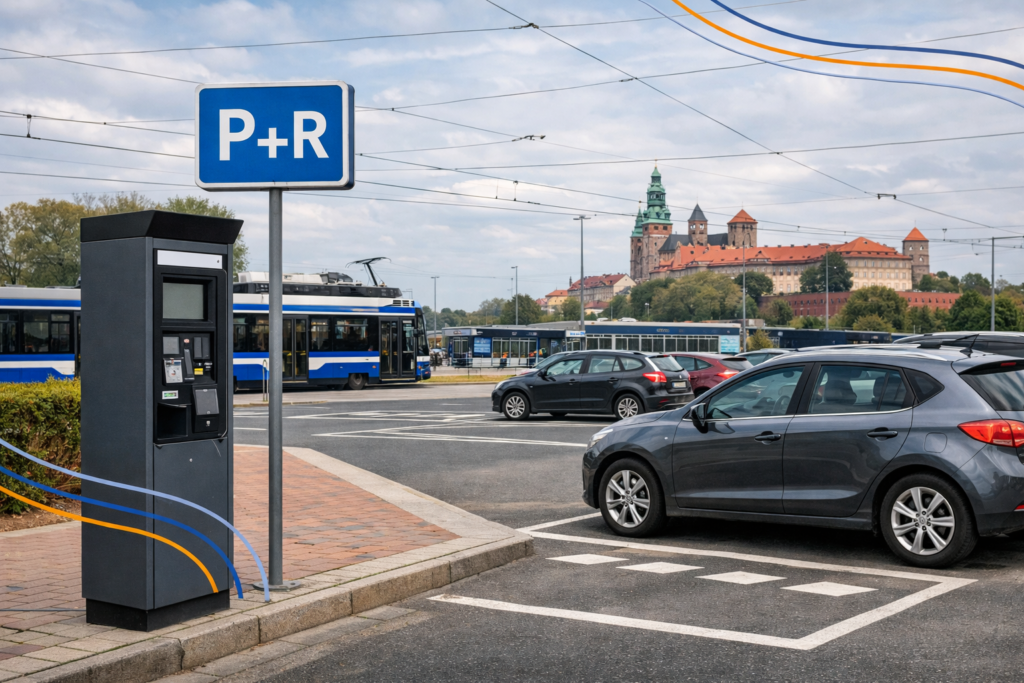 Samochód na parkingu P+R przy miejskim węźle przesiadkowym