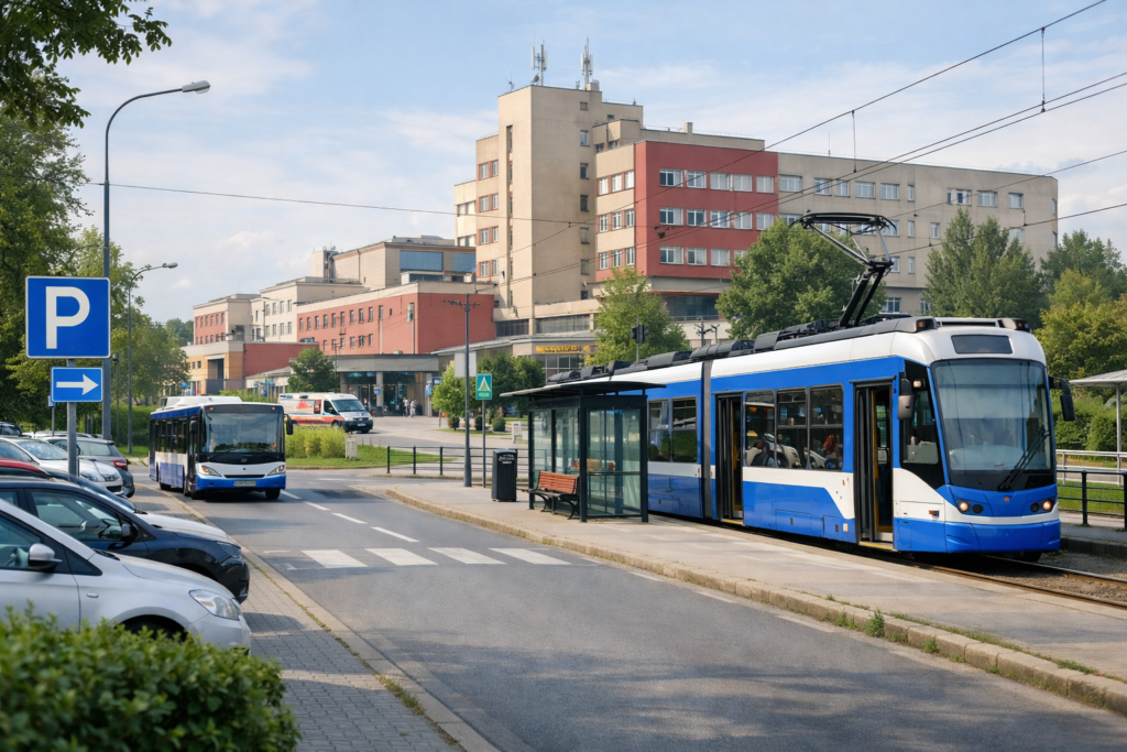 Zdjęcie: główne wejście i ruch w okolicy Szpitala Żeromskiego w Krakowie