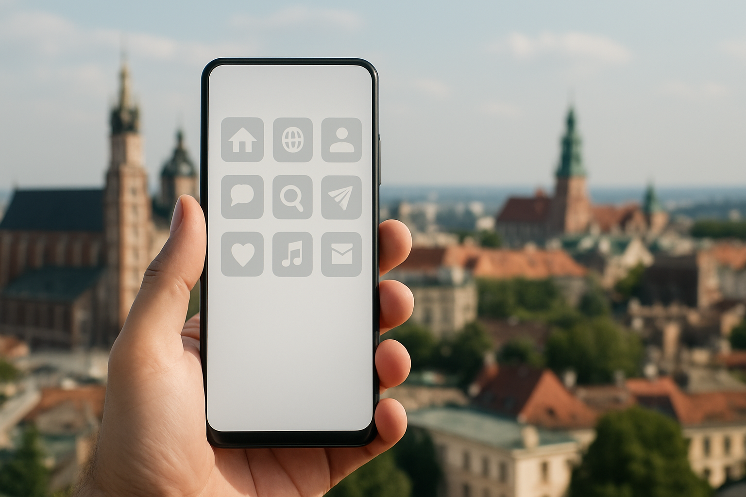 Smartfon na tle panoramy Krakowa
