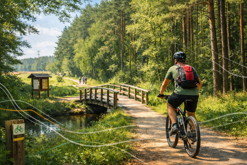 Rowerzysta na leśnej trasie w Puszczy Niepołomickiej